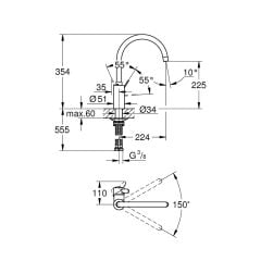 Grohe Eviye Bataryası Döner Borulu Eurosmart Cosmo Krom 32843002