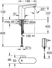 Grohe Fotoselli Lavabo Bataryası Elektrikli Çift Su Giriş Krom - 36325002